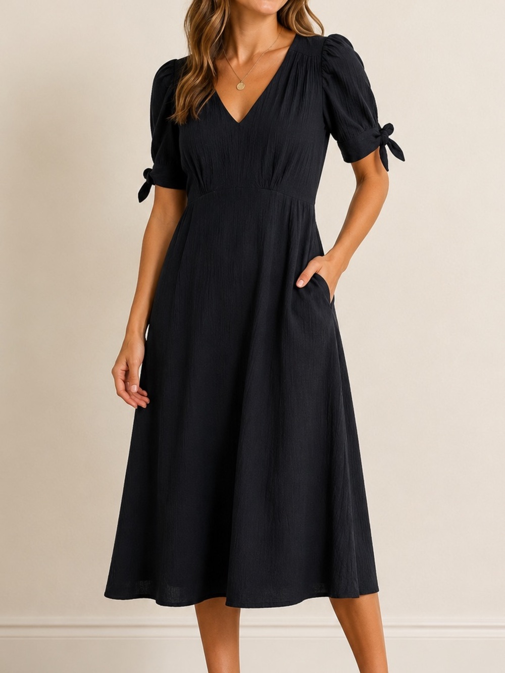 Calvin Klein Black Puff Sleeve Midi Dress Size 4 V-Neck Tie Sleeve Fit & Flare